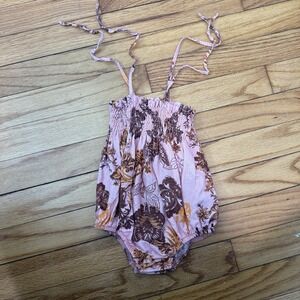 Bebe Organic Pink Floral Smocked‎ Bubble One Piece Linen Cotton Blend 9 Months
